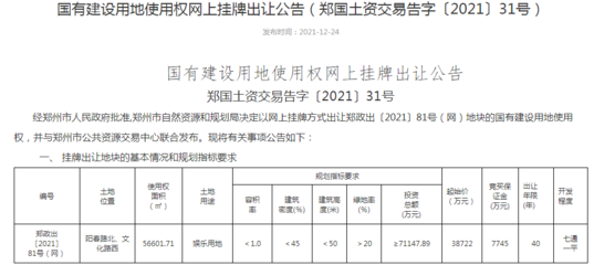 河南鄭發(fā)文旅投資起始價(jià)38722萬(wàn)元成交一宗娛樂(lè)用地